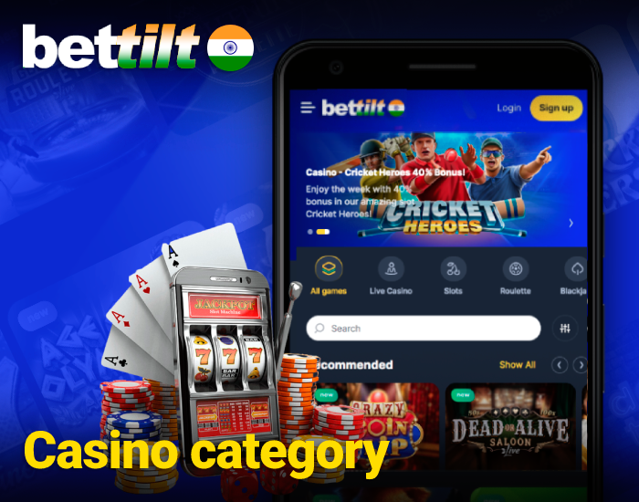 Casino category on Bettilt app - live casino, slots, roulette, poker and other